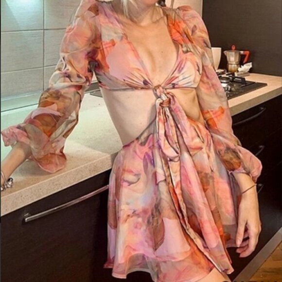 Multicolor Boho Lantern Sleeve Knot Cutout Waist Chiffon Romper - Picture 13 of 14